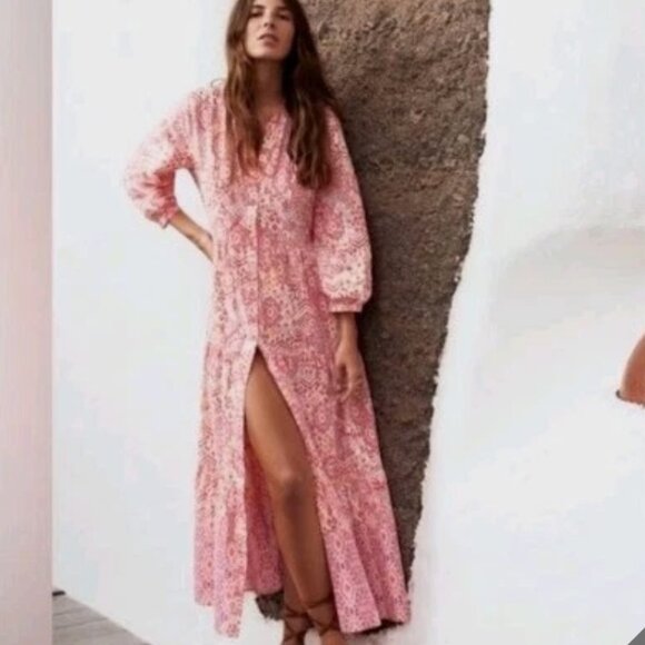 Zara Dresses & Skirts - Zara Maxi Dress Printed Tiered White Pink Breezy Midi 3/4 Sleeve Cotton